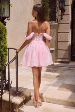 Ladivine CJ420 Off-Shoulder Glitter Tulle Short Dress with Corset Back
