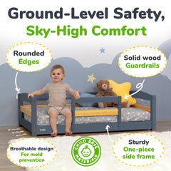Crib Size Wooden Floor Bed with Safety Rails for Kids Age 1–3
