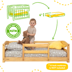 Crib Size Wooden Floor Bed with Safety Rails for Kids Age 1–3