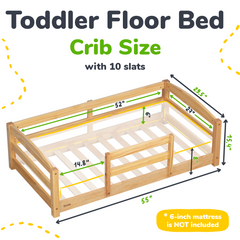 Crib Size Wooden Floor Bed with Safety Rails for Kids Age 1–3